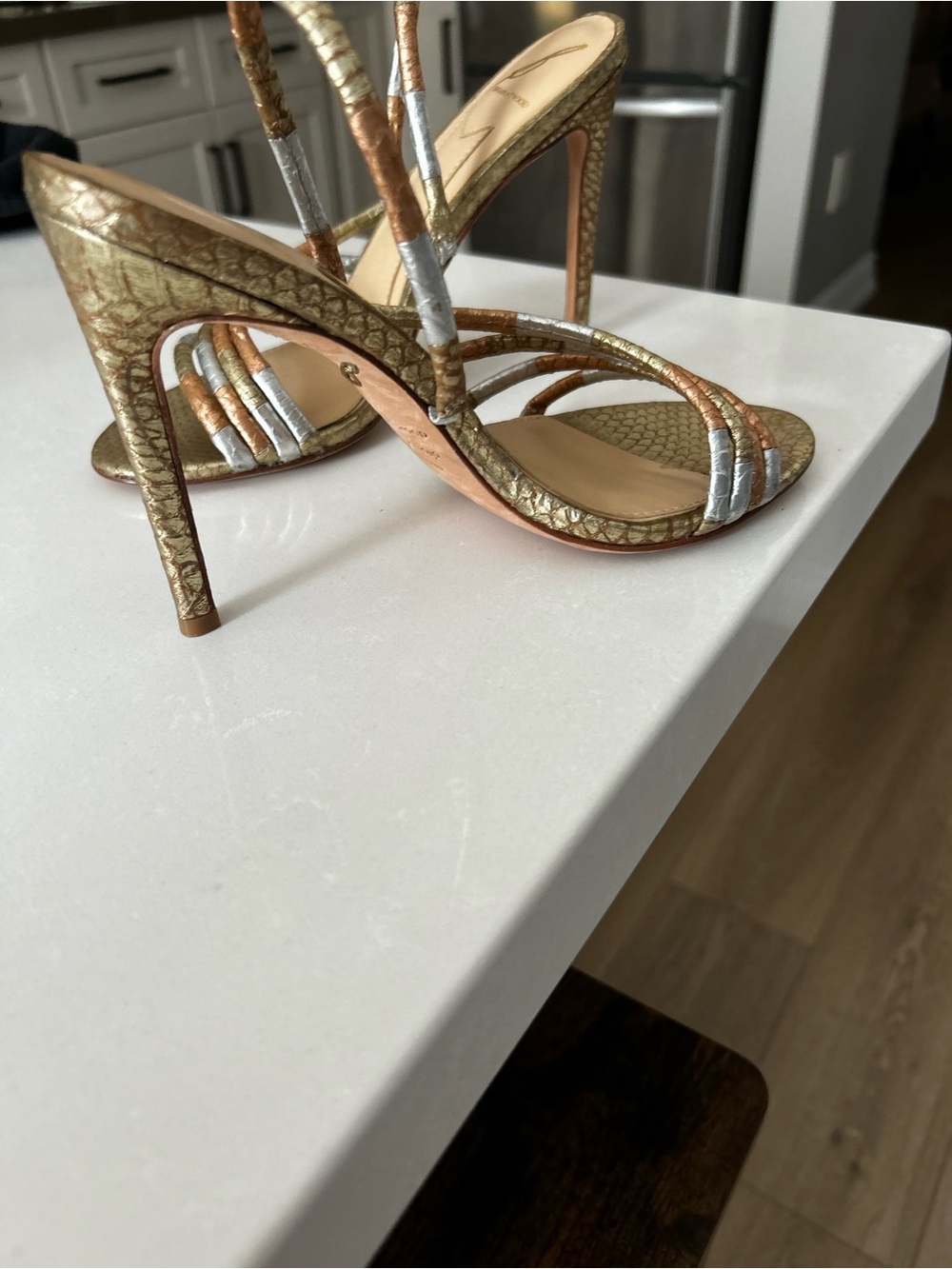B Brian Atwood Gold Metallic Strappy Heels with Silver & Rose Accents